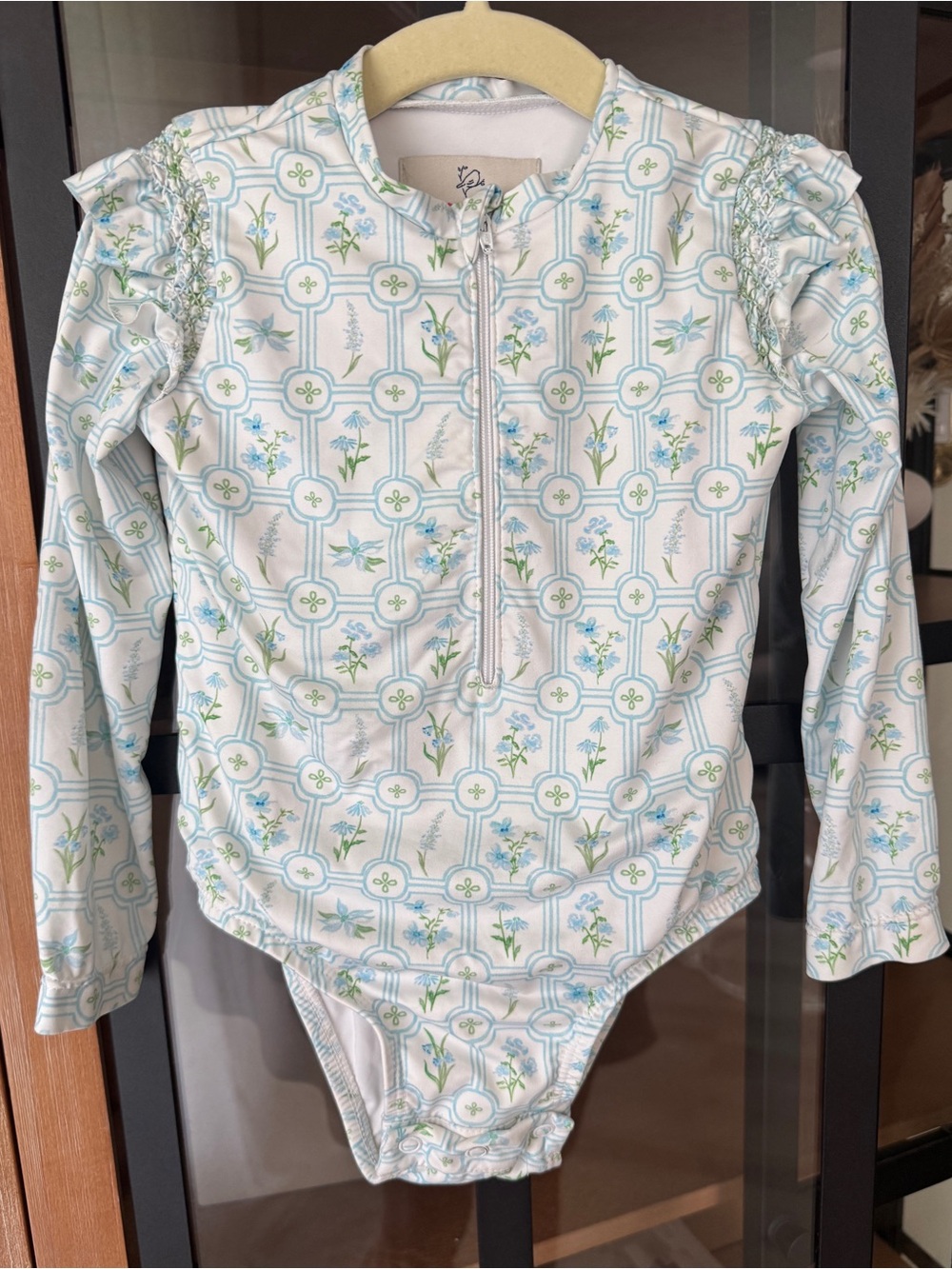 Smockingbird floral block print rashguard swimsuit long sleeve zipper one piece